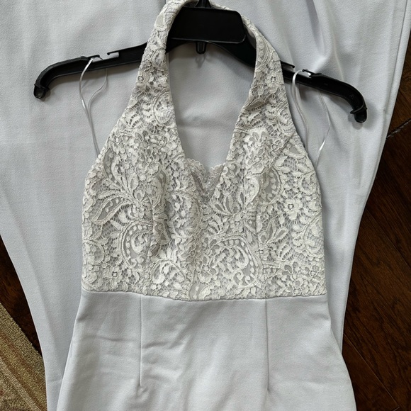 LULUS Blue Grey Lace Jersey Material Long Dress Halter Top - Picture 2 of 5